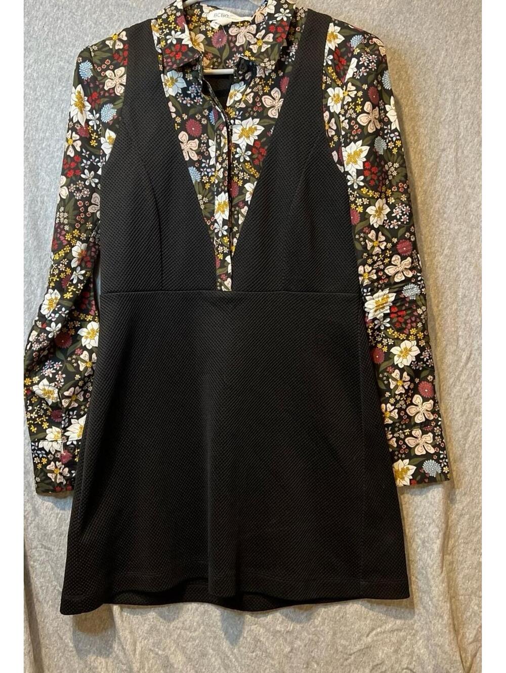 BCBGeneration XS Floral Contrast Long Sleeve Fit & Flare Dress